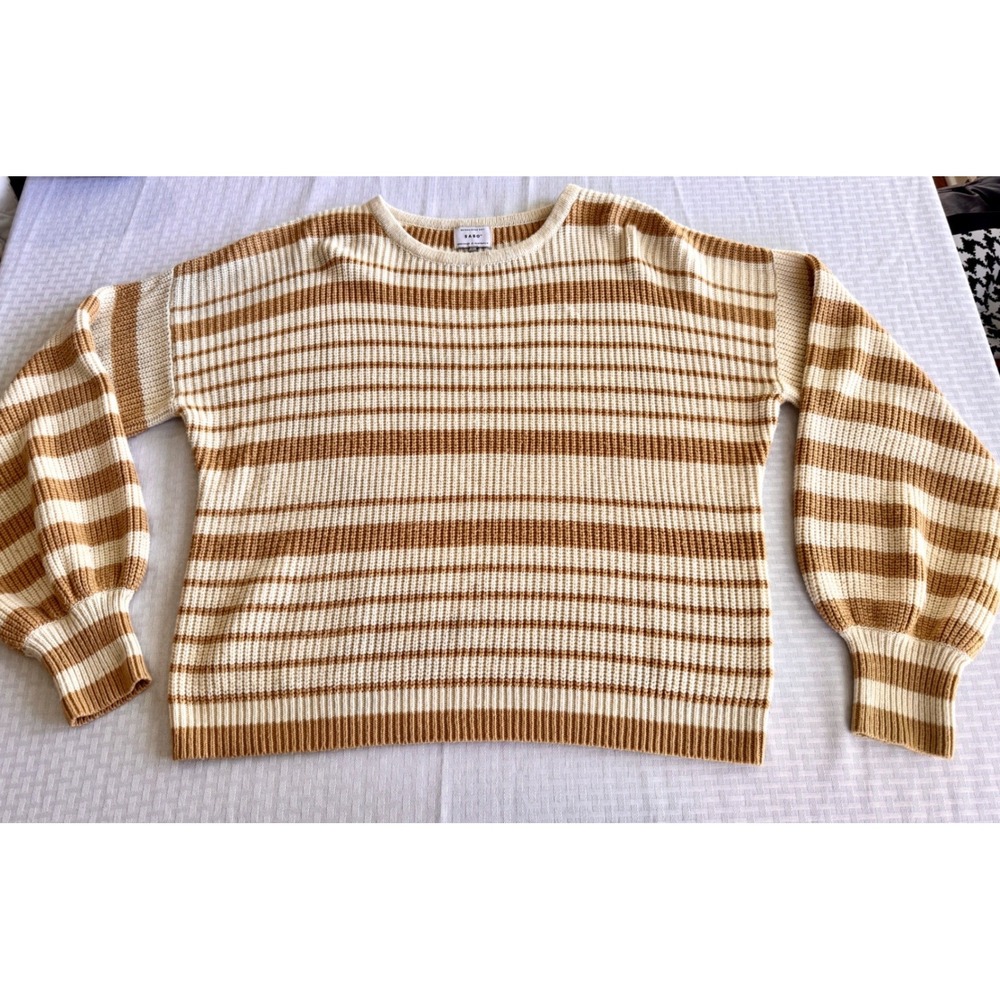 Sabo Skirt Striped Oversized Knit Sweater Tan Cream Balloon Sleeve Large Boho